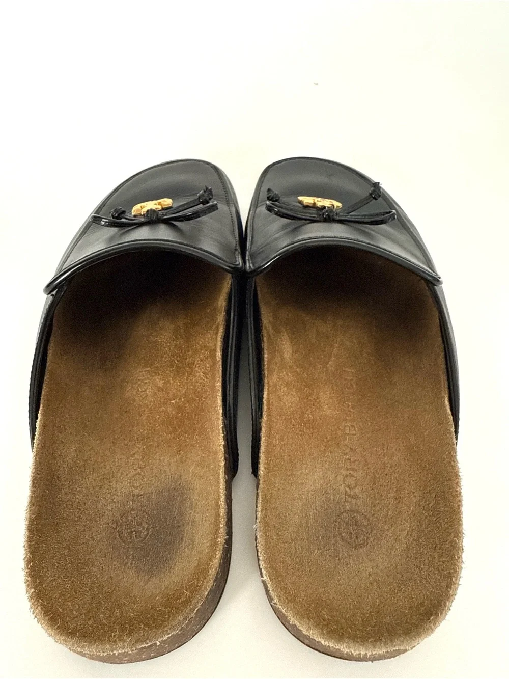 EUC Tory Burch Charm Mules Flat Slip-on Black Genuine Leather Natural Cork
